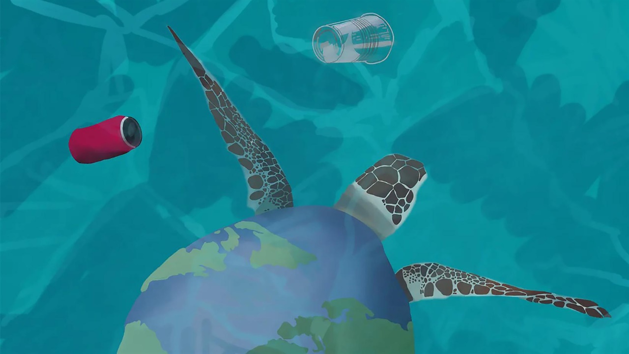 Illustrated tortoise swimming alongside trash