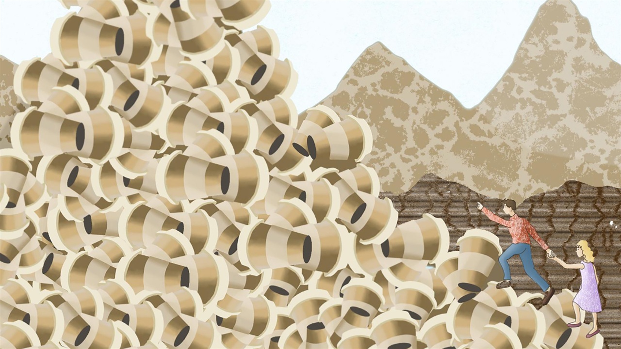 Illustrated couple climbing a mountain of disposable cups