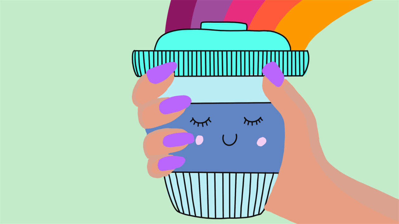 Illustrated reusable cup with rainbow coming out of the top