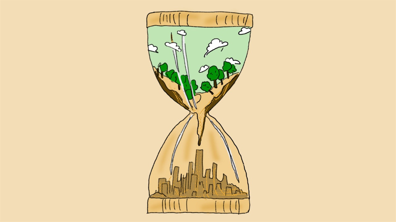 Illustrated hour glass with nature falling into nothing