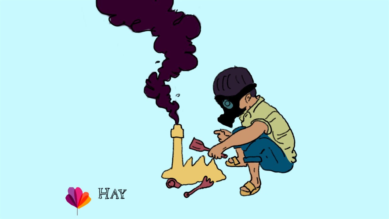 Illustrated child making a sandcastle with a gas mask on