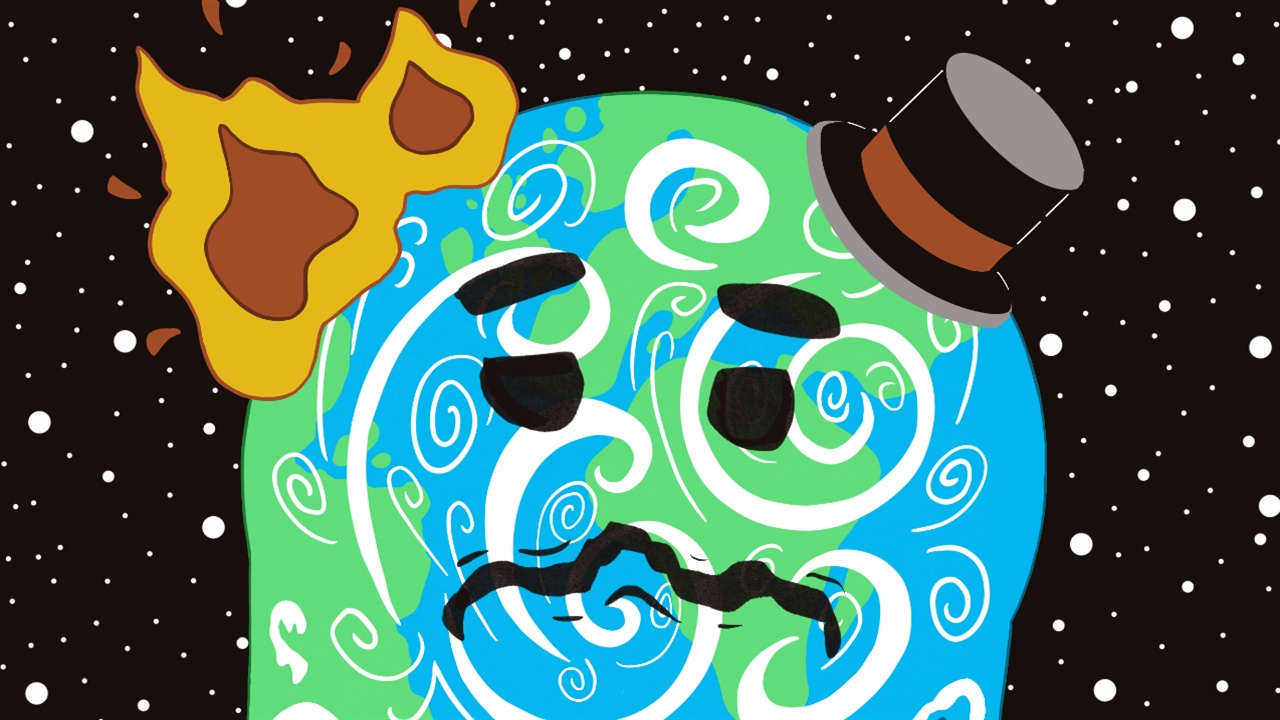 Illustrated sad Earth on fire and melting