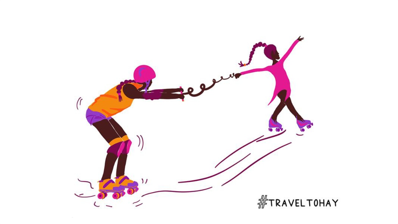 Illustrated girls on rollerskates