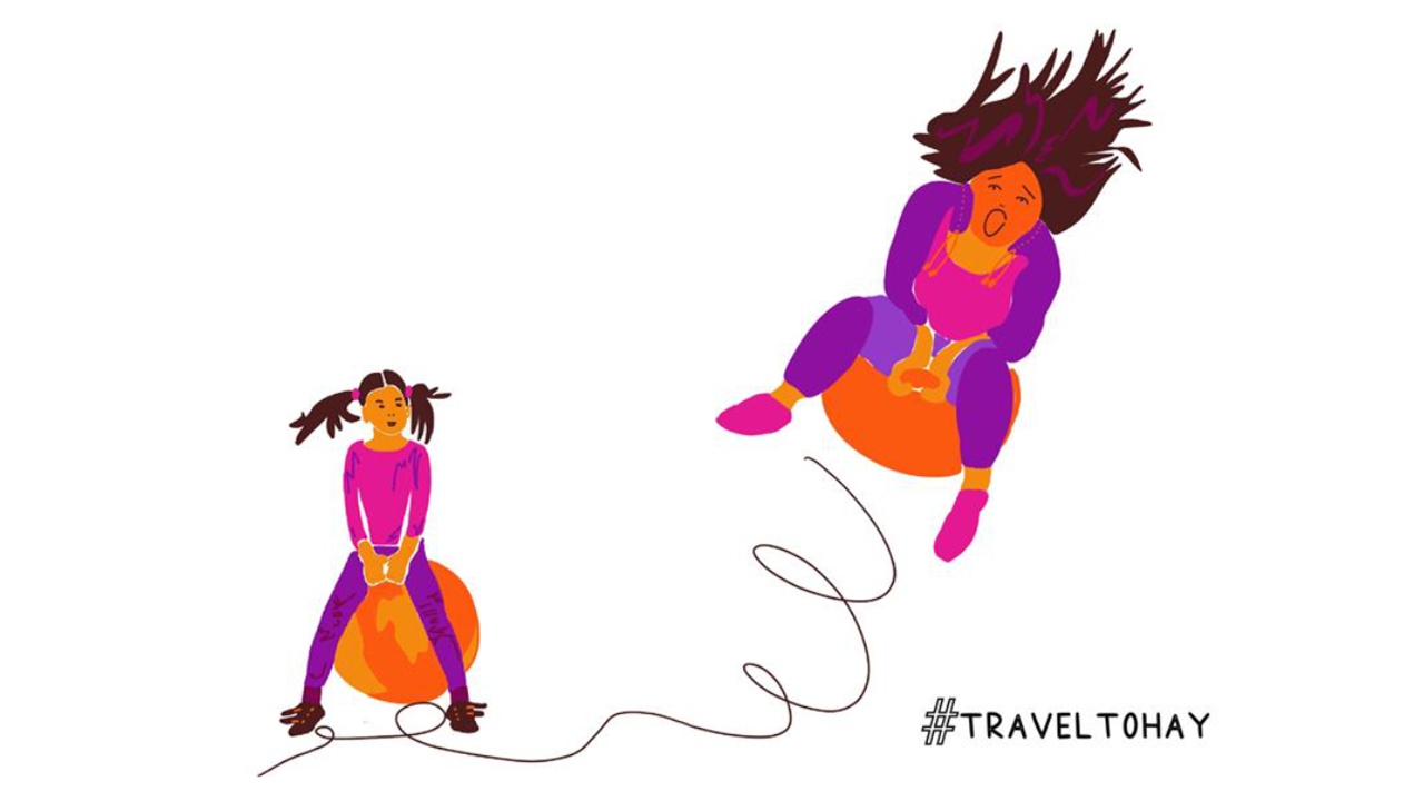 Illustrated girls on space hoppers