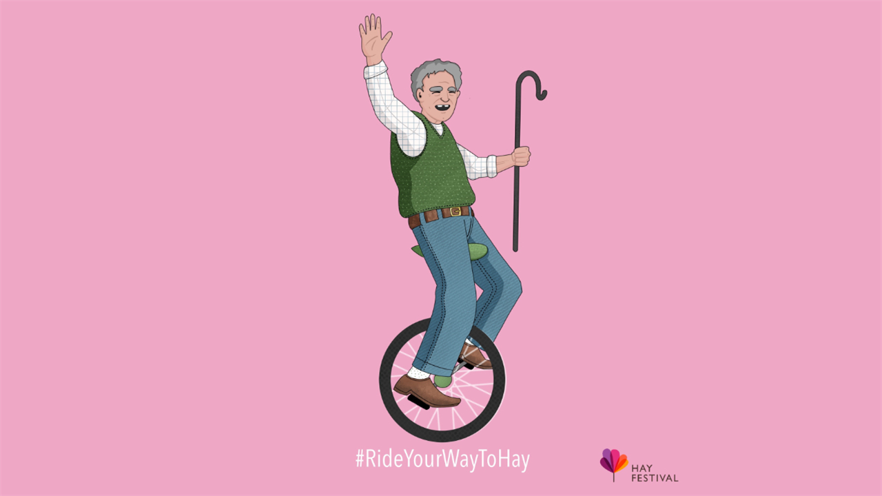 Illustrated elderly man on a unicycle