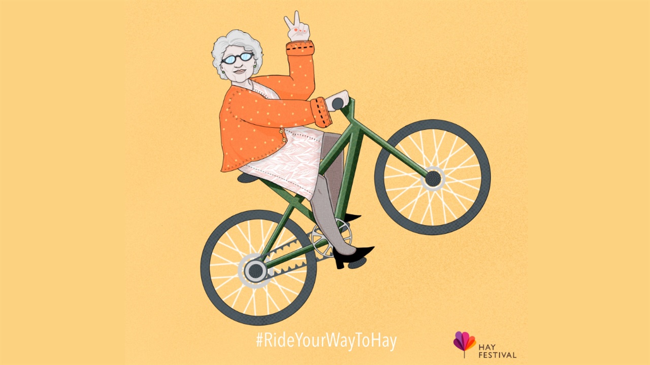 Illustrated elderly woman on a bicycle