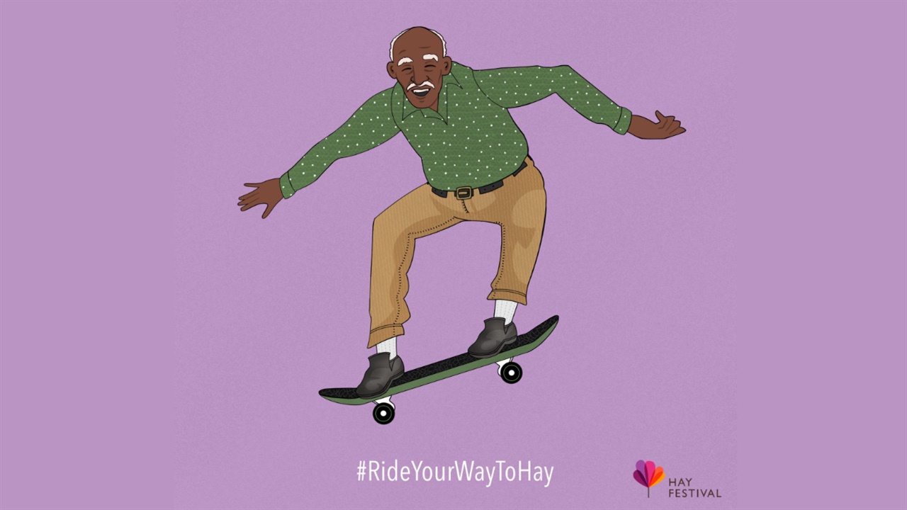 Illustrated elderly man on a skateboard