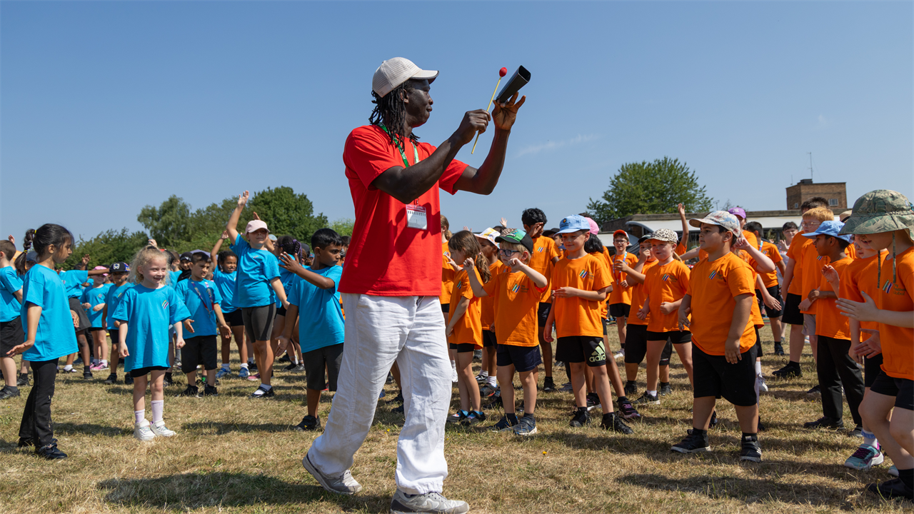Landing Mane instructing children as part of Hay Festival Creative Residency Project