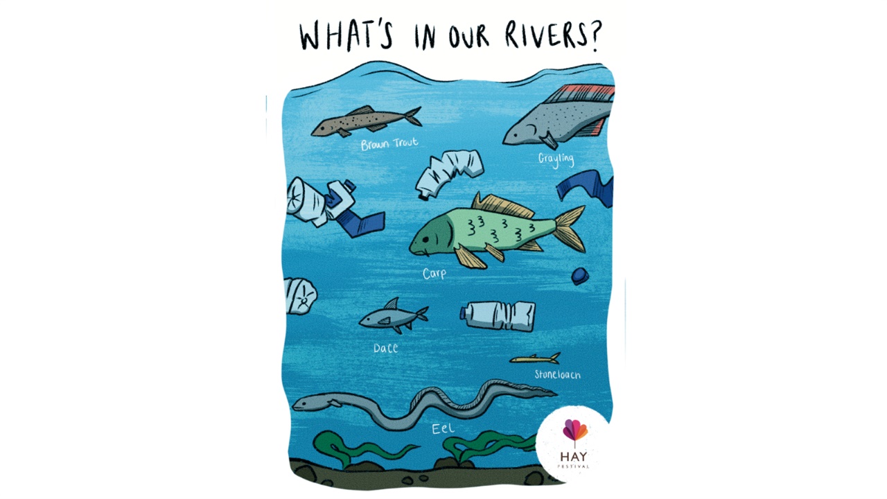 Illustrated river with fish and rubbish