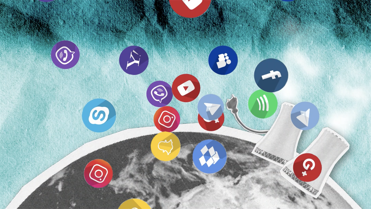 Illustrated planet with social media icons floating around it