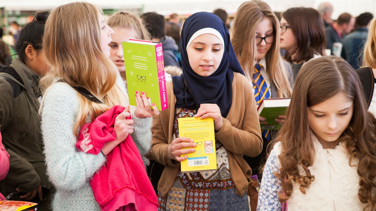 School children in the Hay Festival bookshop