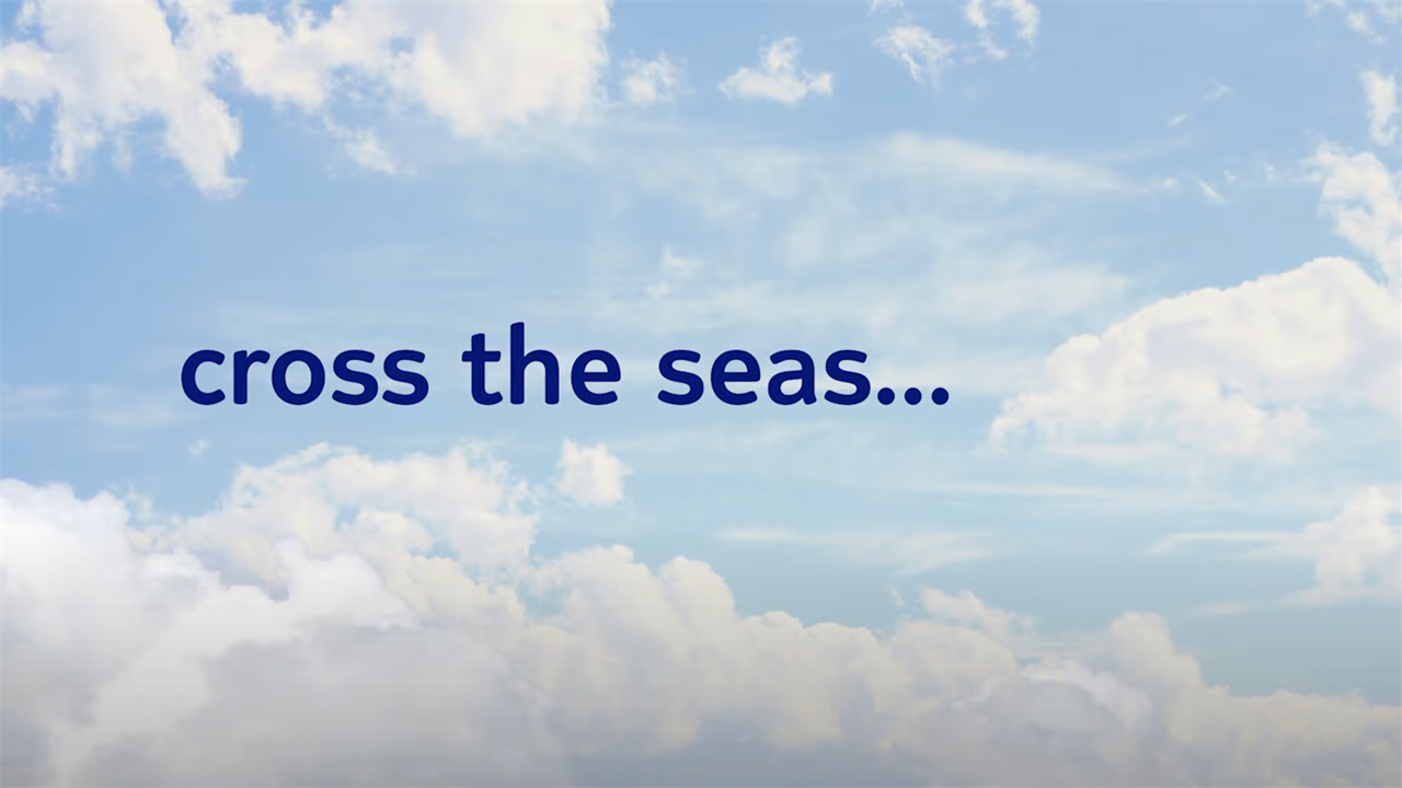 Illustration of a sky with text across it saying "cross the seas..."