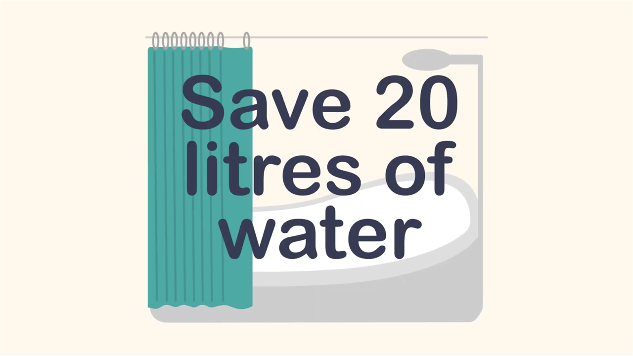 Save 20 litres of water written on illustrated bathtub and shower