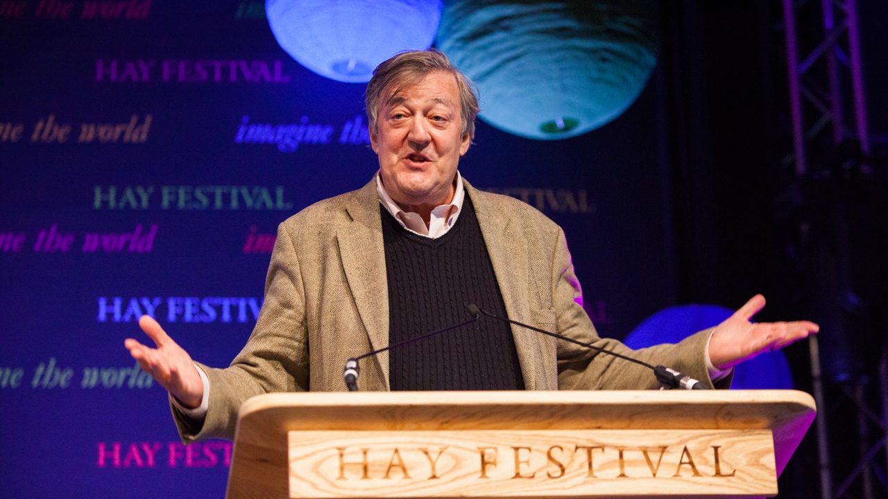 Stephen Fry on stage at Hay Festival