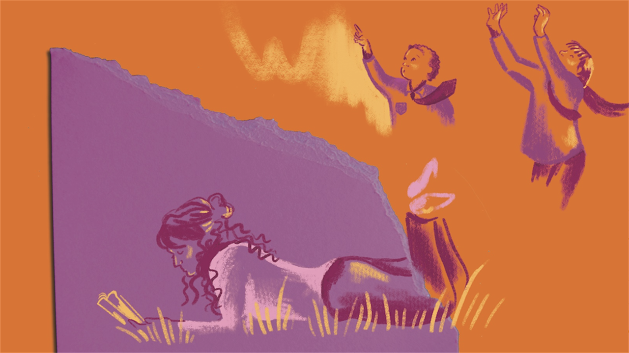 An illustration of a girl reading in a field