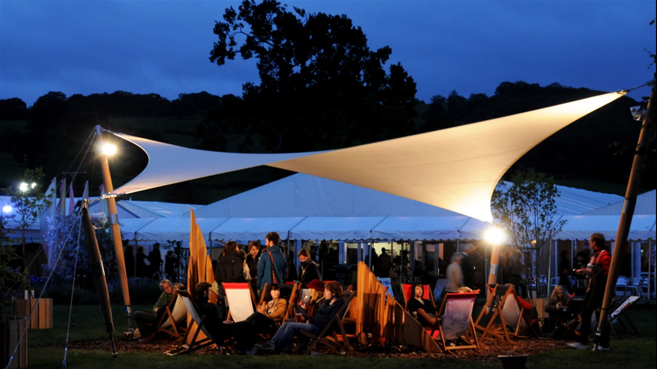 Hay Festival site lit up at night