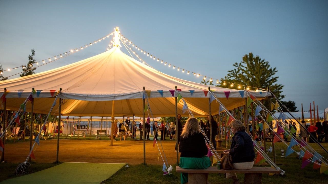 Hay Festival open-sided tent in the evening