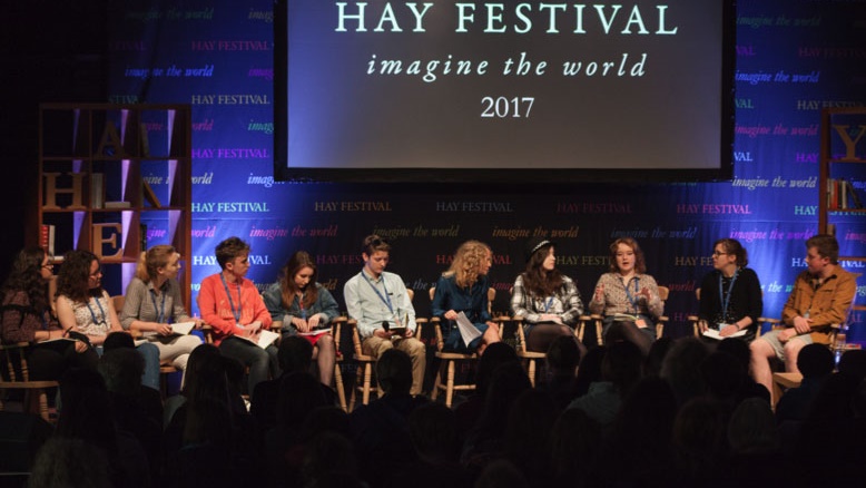 Jenny Valentine with young people on stage at Hay Festival