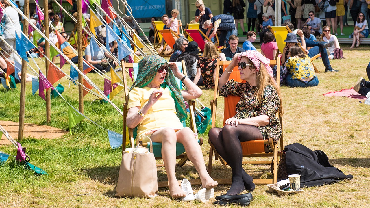 Friends in deckchairs at Hay Festival