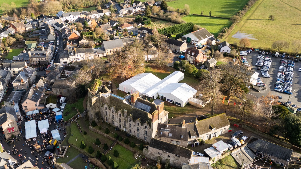 Aerial photo of Winter Weekend site showing Hay Castle and Hay-on-Wye town